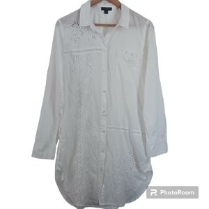 J. Crew embroidered tunic in white button down cover-up dress shirt size M